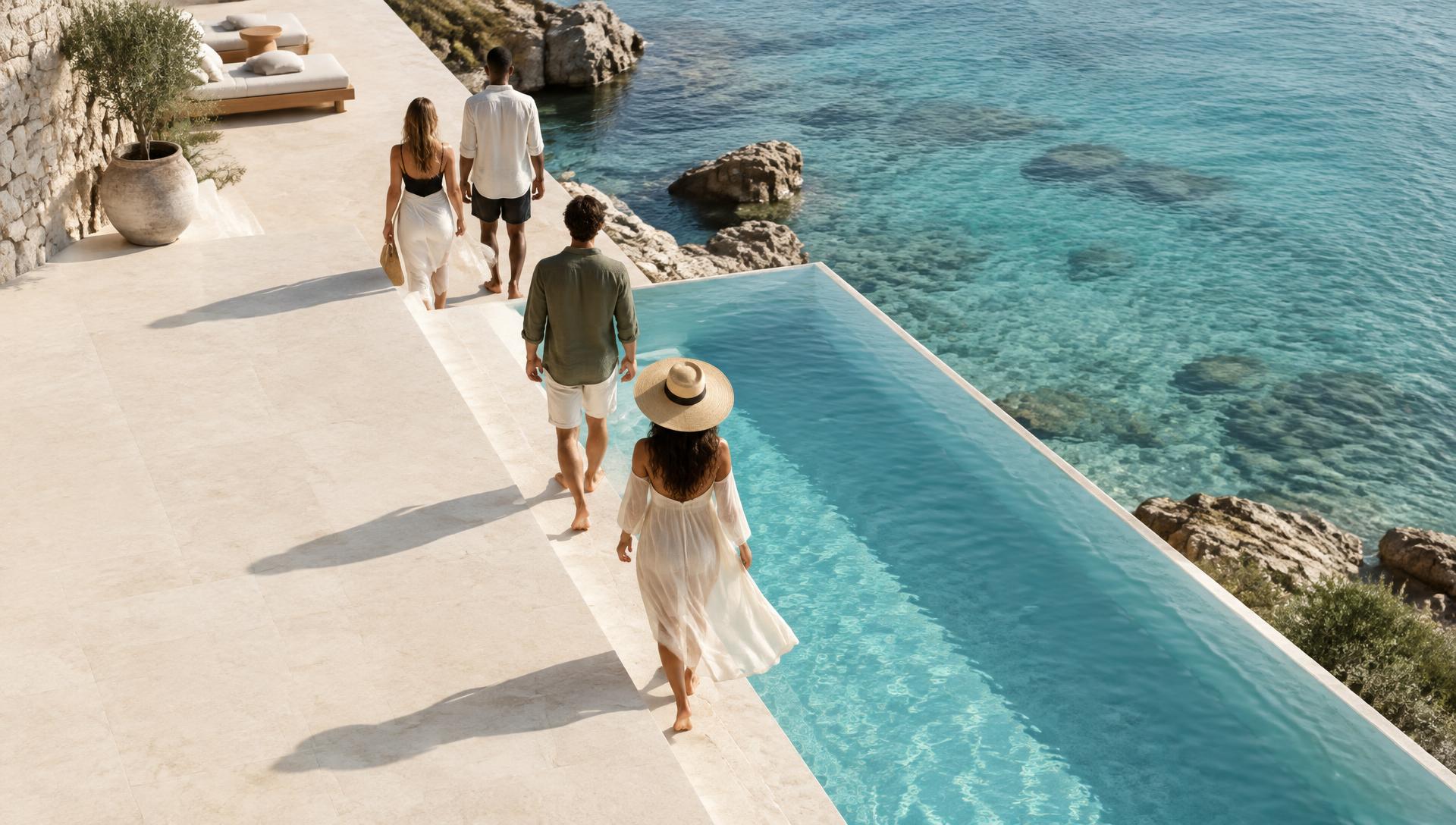 Friends walking beside a turquoise pool and clear sea in bright daylight